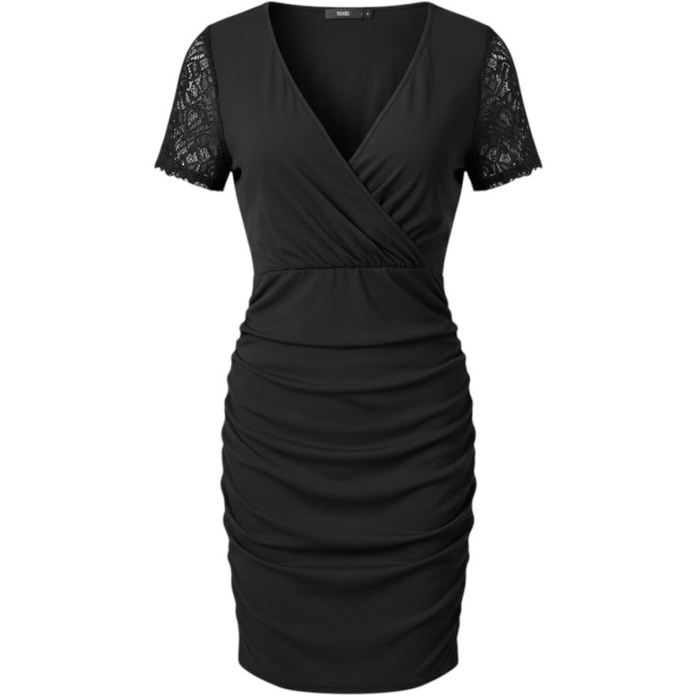 Shein Curve Womens 3XL Black Lace Sleeve Ruched Ribbed Surplice V-Neck Dress